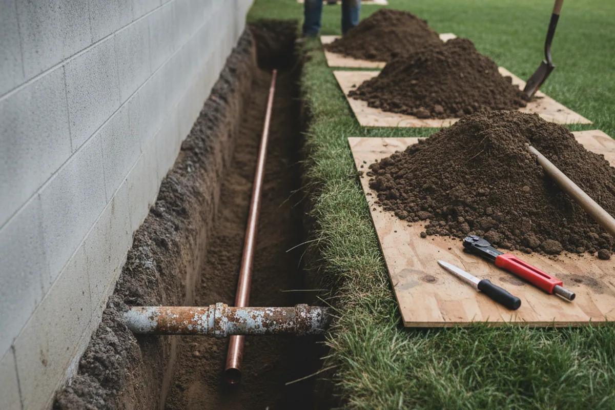 Excavated water line trench during Water Softener Installation in Peapack